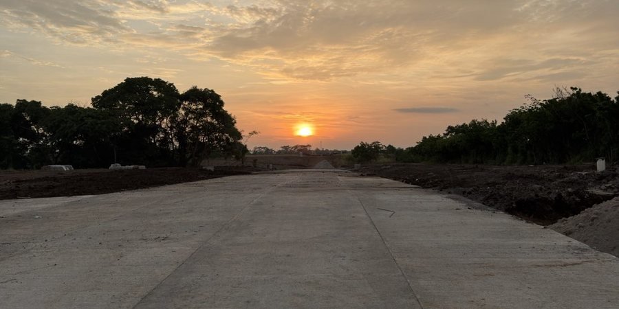 Entrada principal pavimentada de Palmeras San Miguel al atardecer