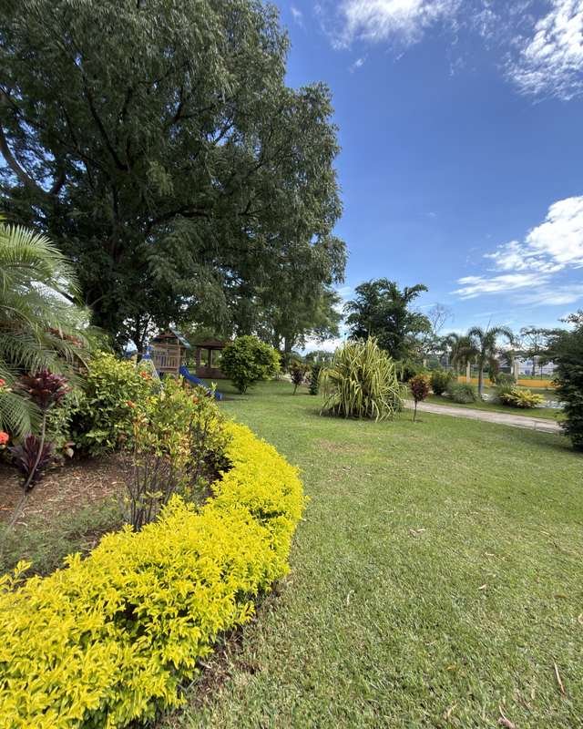 Áreas verdes con grama cuidada, setos y juegos infantiles al fondo en Palmeras Sur