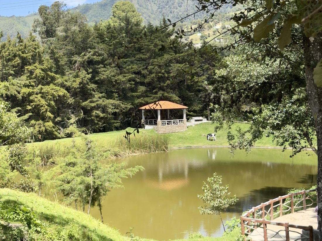 La laguna de Buenaventura Tecpán con su kiosco de teja entre los pinos del altiplano